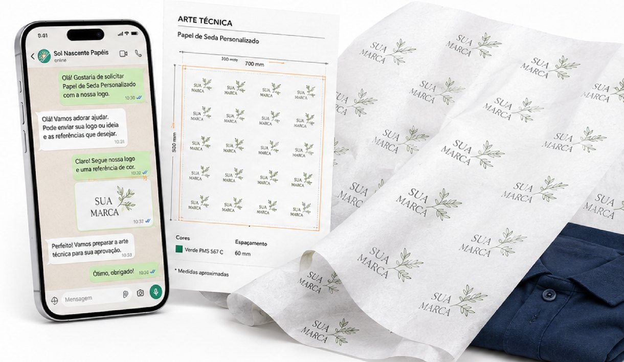 Atendimento pelo WhatsApp e arte técnica do papel de seda personalizado